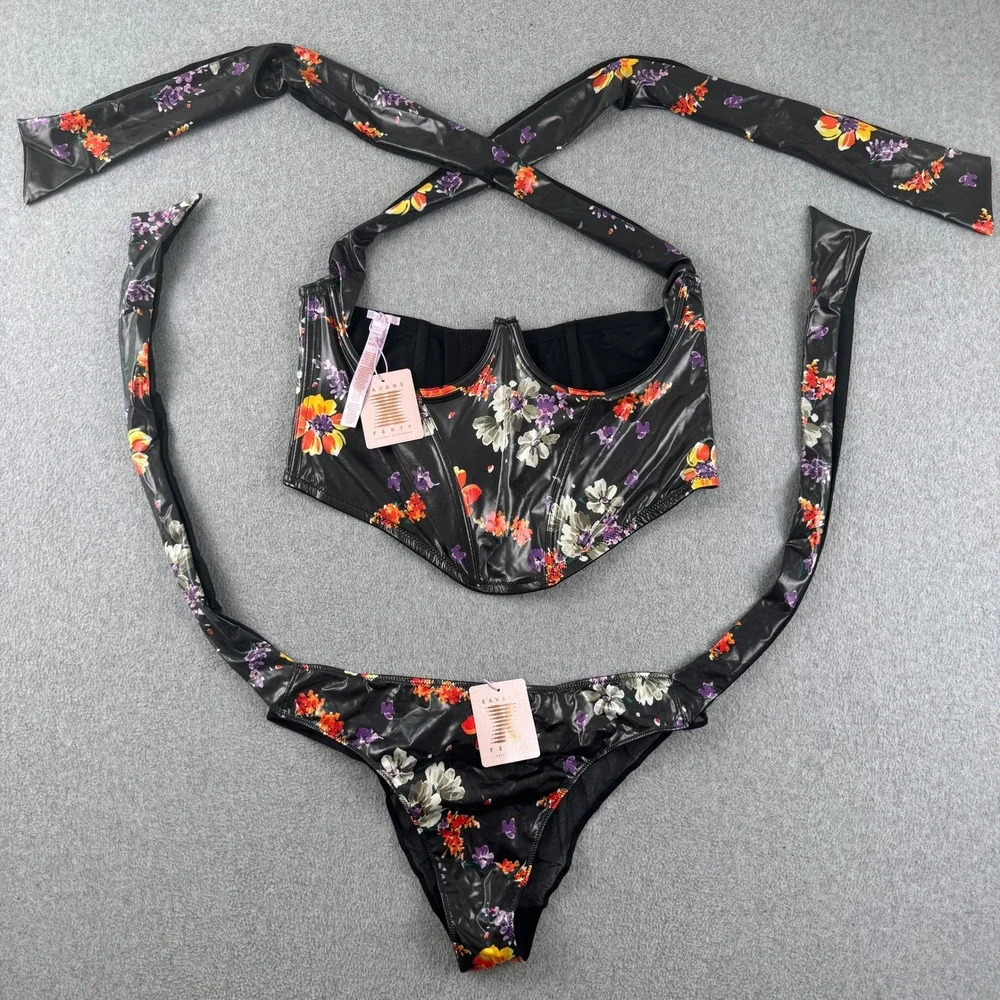 Savage X Fenty Lingerie Set Women 2X/XL Black Floral Corset Top Thong Leather